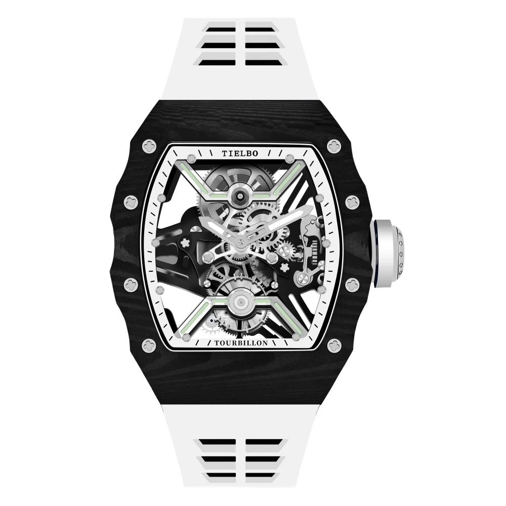 TIELBO Tonneau Uomo Orologio Tourbillon Movimento Meccanico Orologi da Uomo Scheletro di cristallo Luminoso Orologio da polso in fibra di carbonio 601 