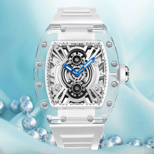 TIELBO Orologio da uomo tonneau meccanico trasparente con movimento automatico Orologi da polso da uomo con scheletro cavo luminoso in cristallo 