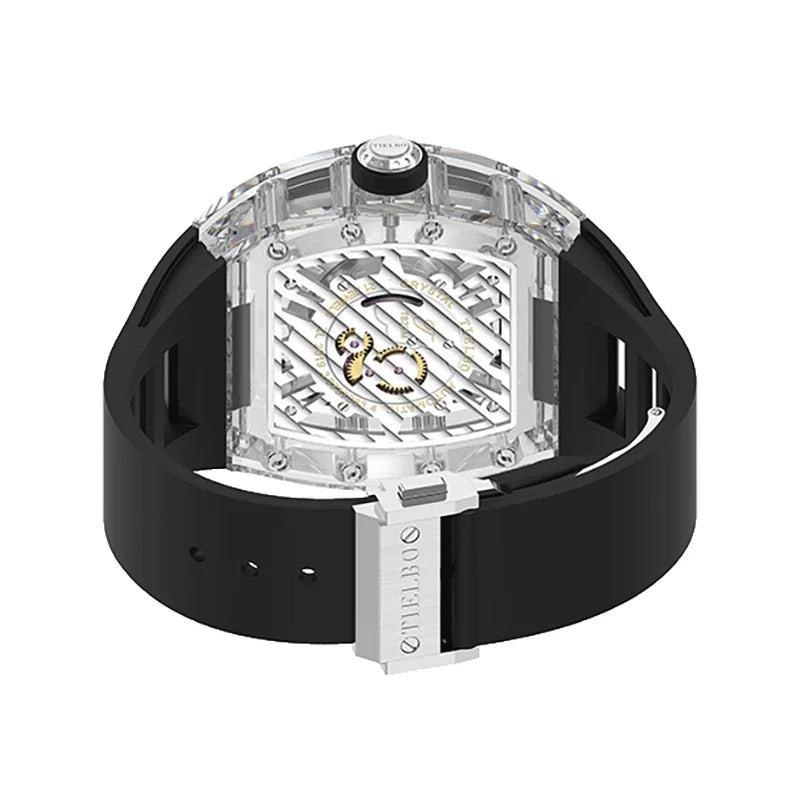 TIELBO Orologio da uomo tonneau meccanico trasparente con movimento automatico Orologi da polso da uomo con scheletro cavo luminoso in cristallo 