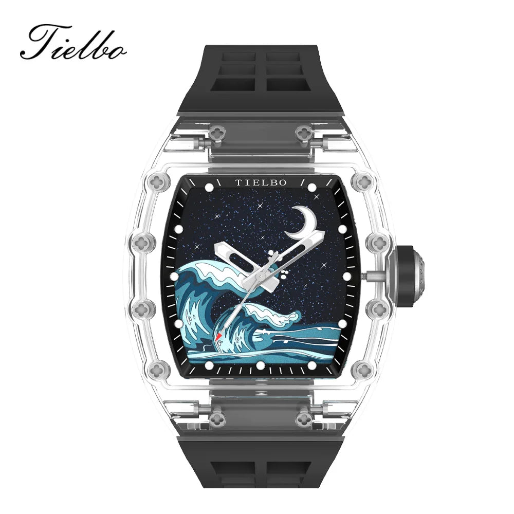 TIELBO Transparent Mechanical Tonneau Man Watch Automatic Movement Watches for Men Hollow Skeleton Crystal Luminous Wristwatches 