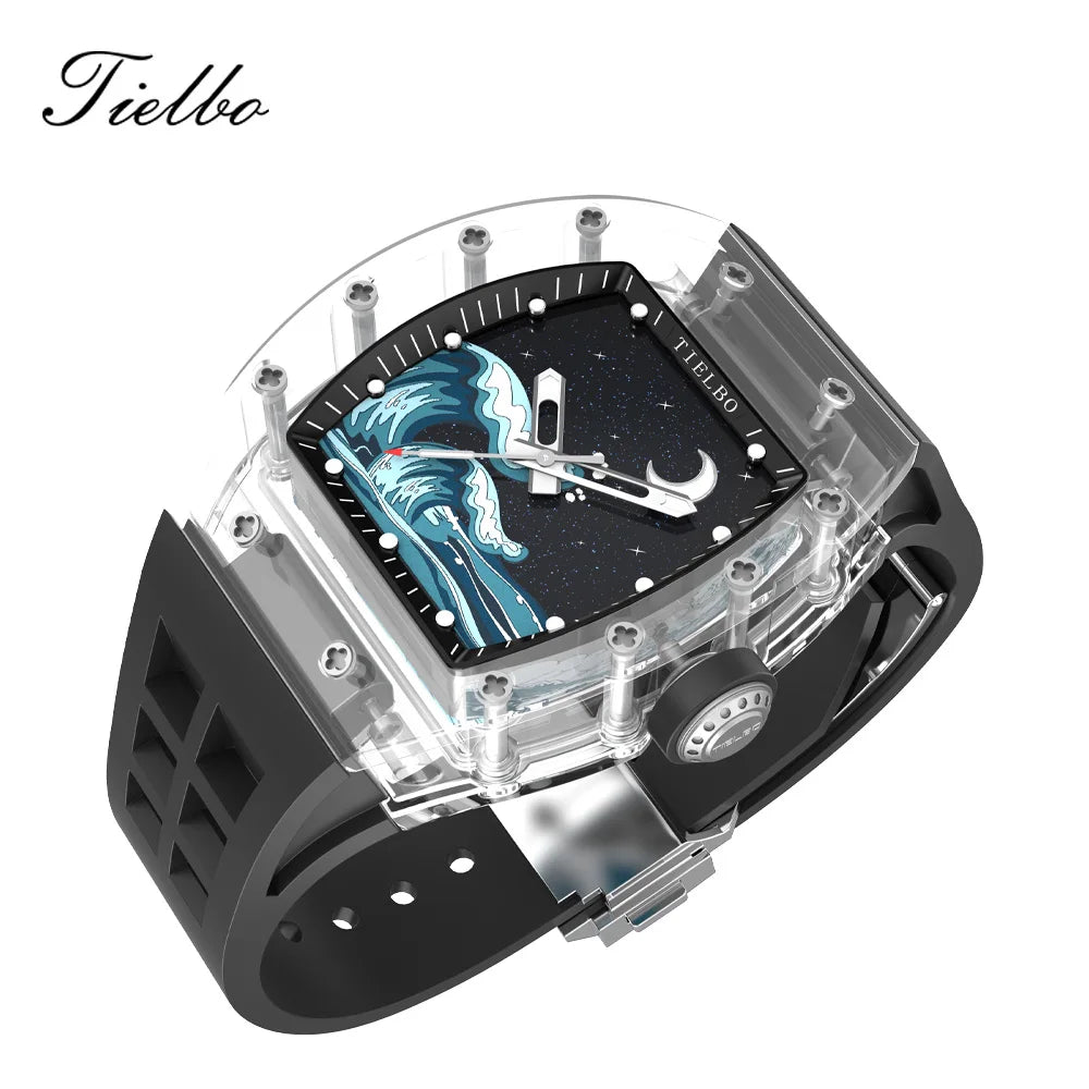 TIELBO Transparent Mechanical Tonneau Man Watch Automatic Movement Watches for Men Hollow Skeleton Crystal Luminous Wristwatches 