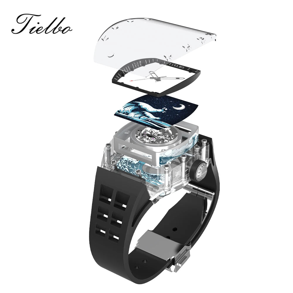 TIELBO Transparent Mechanical Tonneau Man Watch Automatic Movement Watches for Men Hollow Skeleton Crystal Luminous Wristwatches 