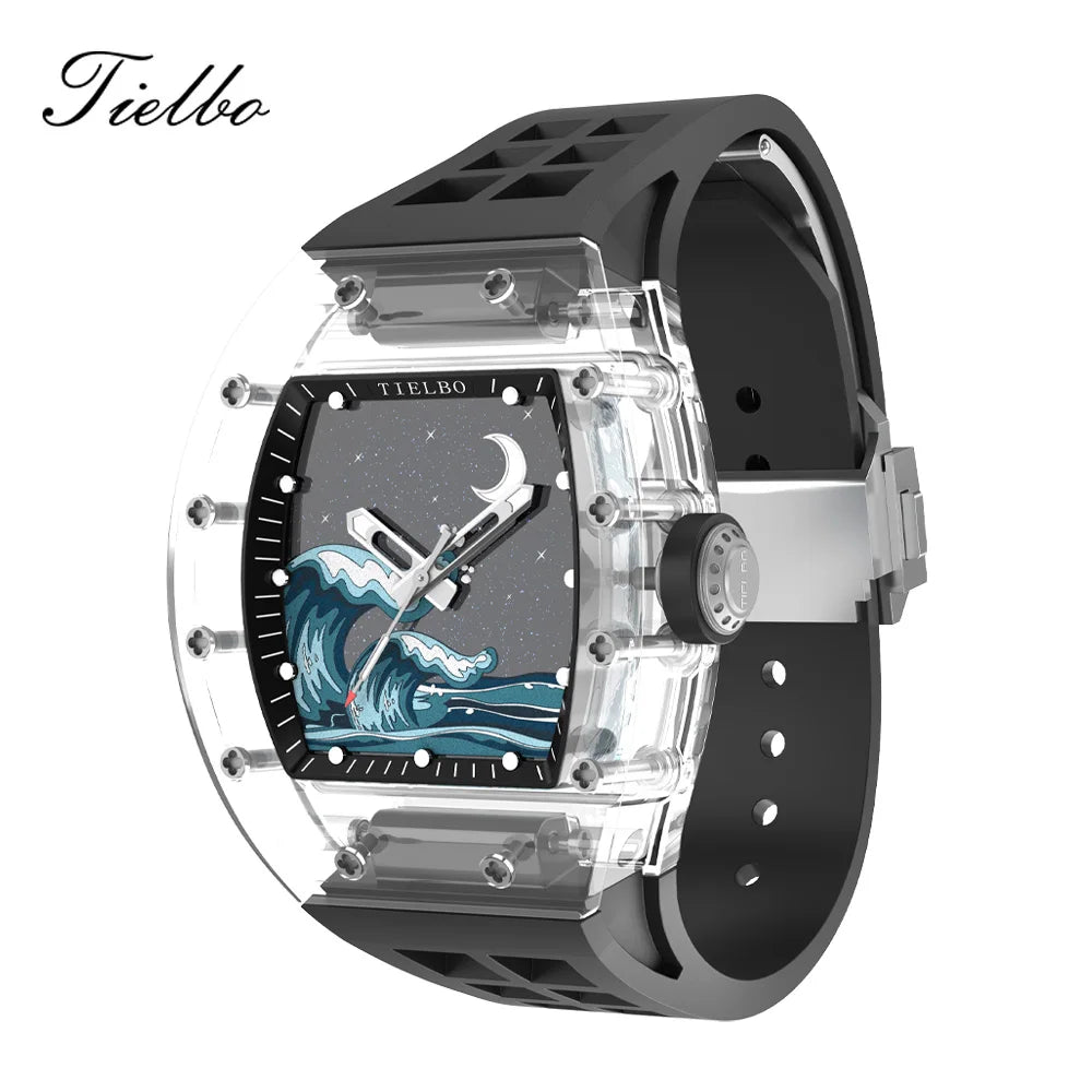 TIELBO Transparent Mechanical Tonneau Man Watch Automatic Movement Watches for Men Hollow Skeleton Crystal Luminous Wristwatches 