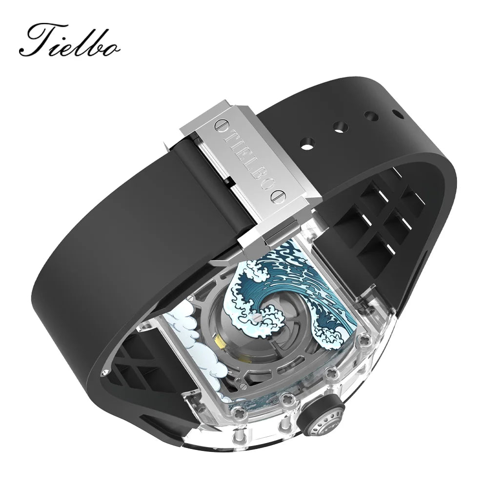 TIELBO Transparent Mechanical Tonneau Man Watch Automatic Movement Watches for Men Hollow Skeleton Crystal Luminous Wristwatches 