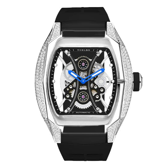 TIELBO Orologio da uomo tonneau meccanico trasparente Orologi con movimento automatico per uomo Orologi da polso luminosi in cristallo scheletro 831 