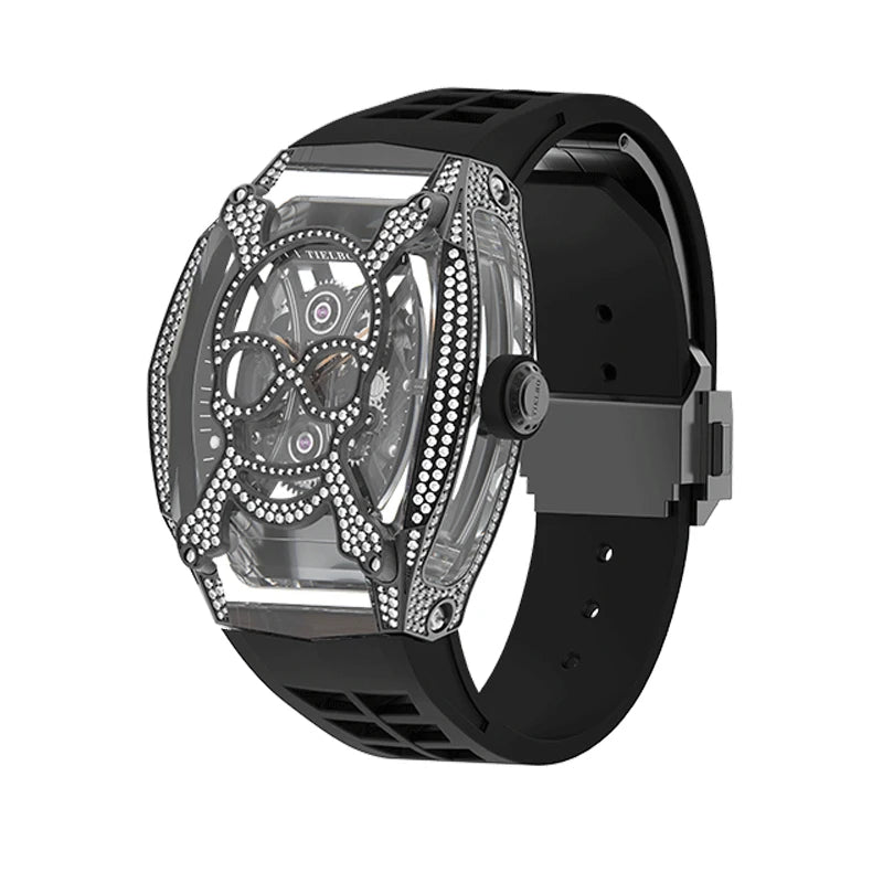 TIELBO Watch For Men Fully Automatic Mechanical Movement Fashion Skeleton Mens Watches Sapphire Mirror Tonneau Case Ghost Head 